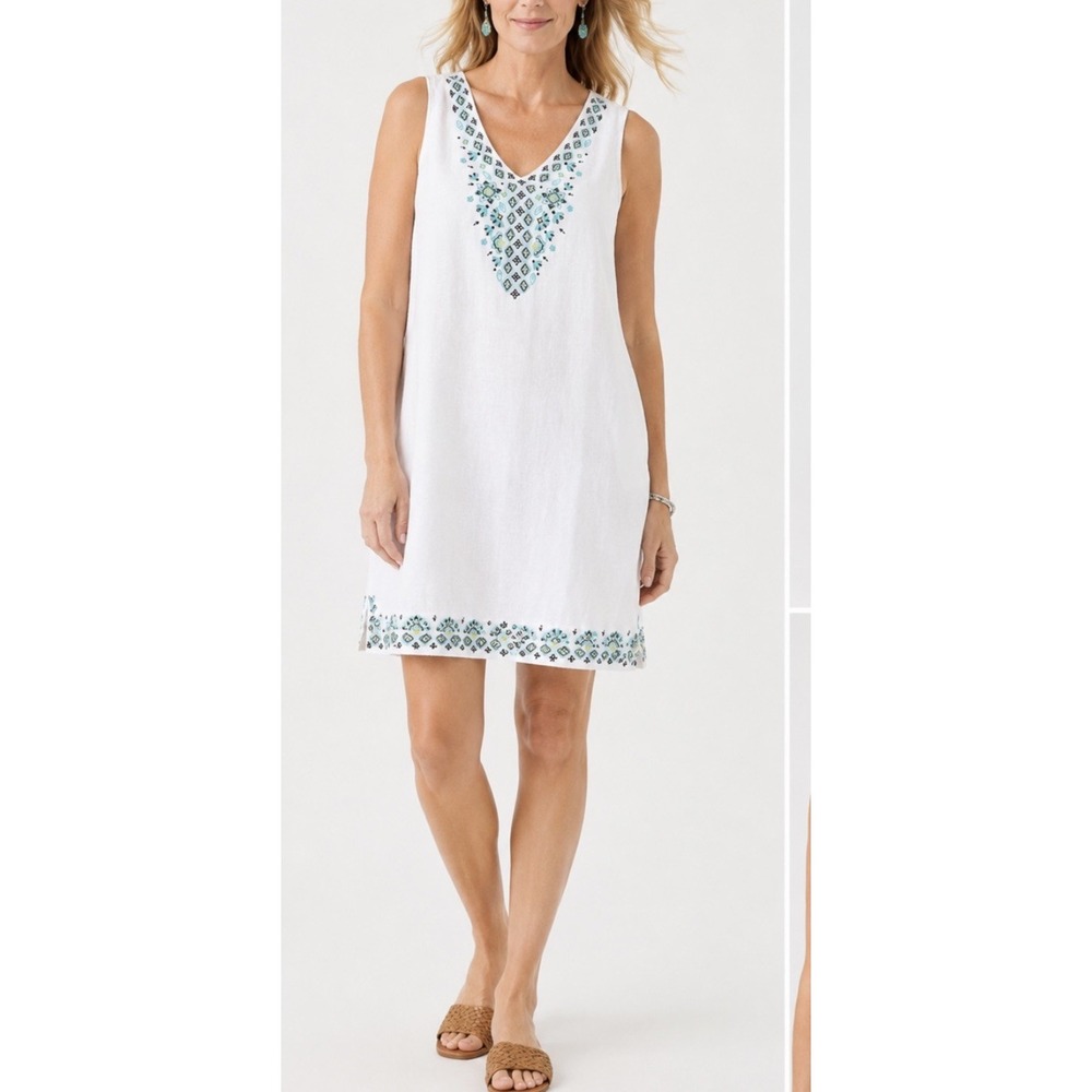 J.Jill Love Linen Dress XL Petite White Embroidered Boho Tunic Shift Sleeveless